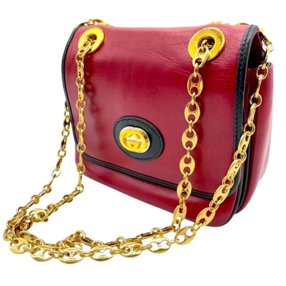 Authentic GUCCI G Interlocking Leather Chain Red Shoulder Bag
